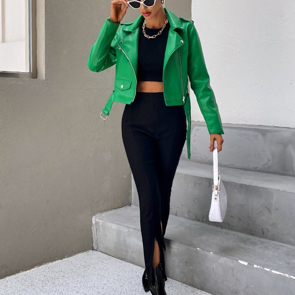 Green Casual Women's Zip Up Belted Pu Moto Jacket - Picture 7 of 7